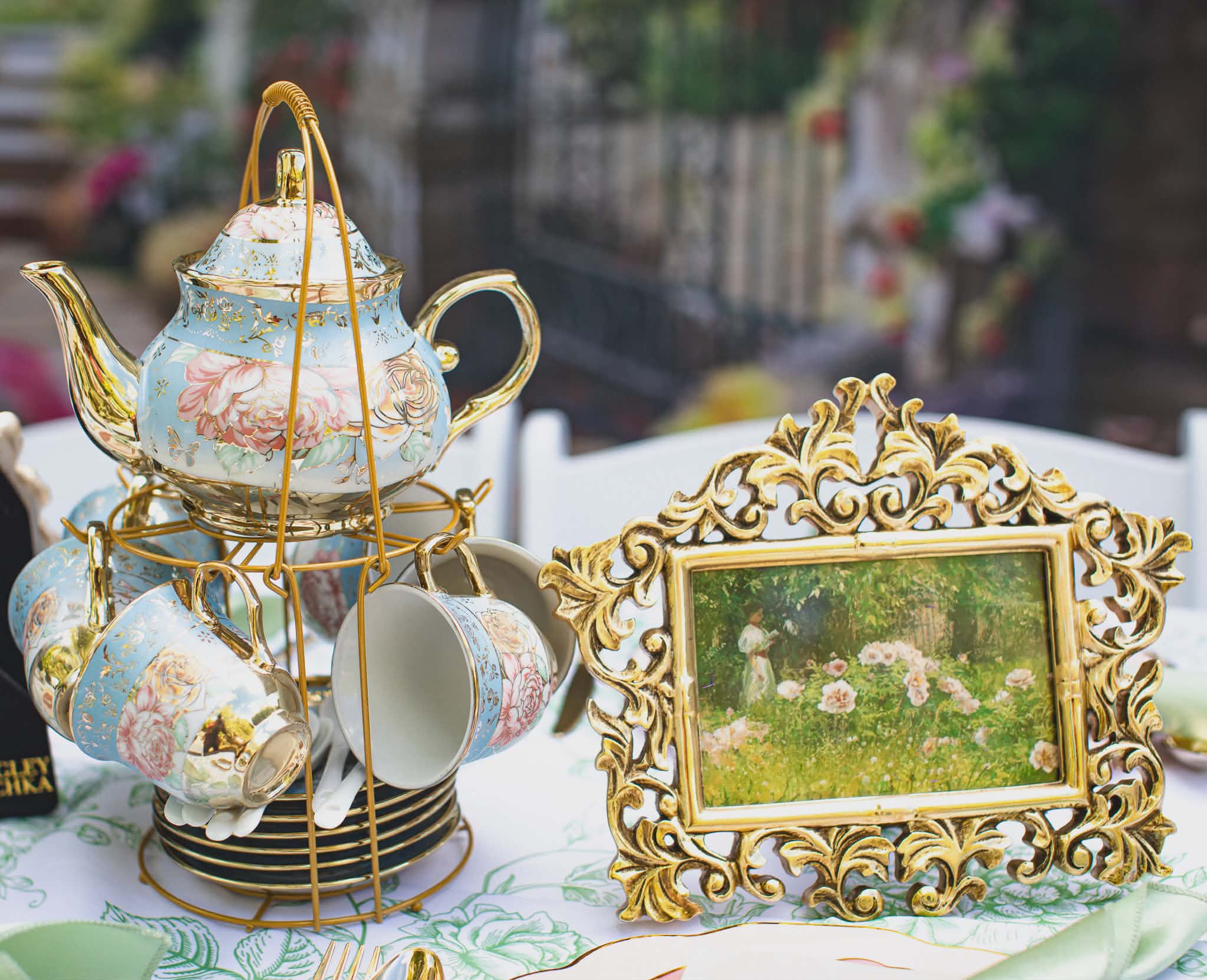 Elegant tea set display by East and Eden Picnics