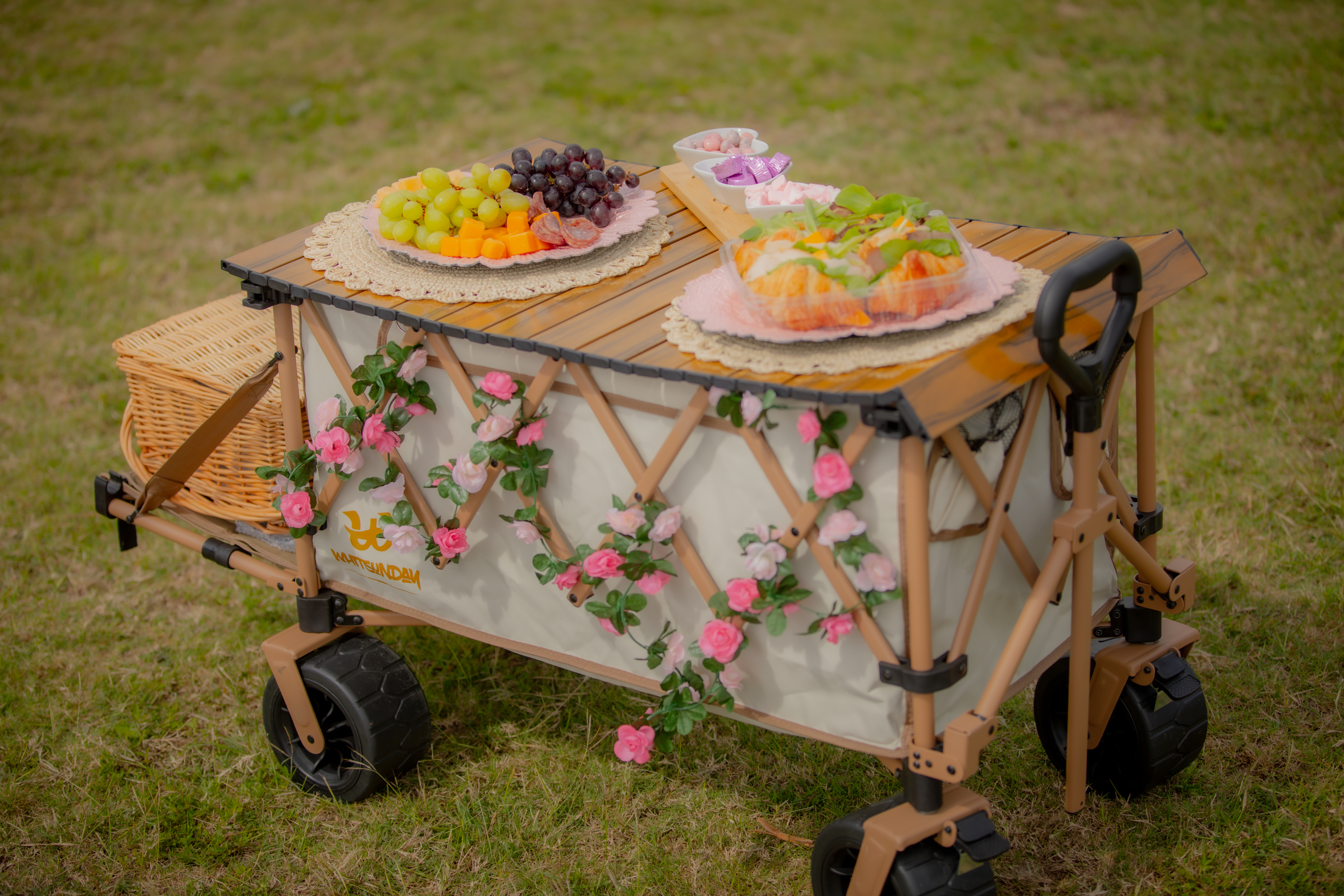 Decorated picnic cart with fruit and flowers